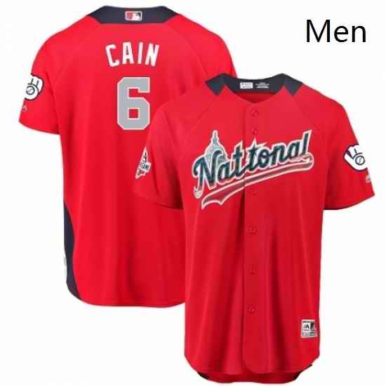 Mens Majestic Milwaukee Brewers 6 Lorenzo Cain Game Red National League 2018 MLB All Star MLB Jersey